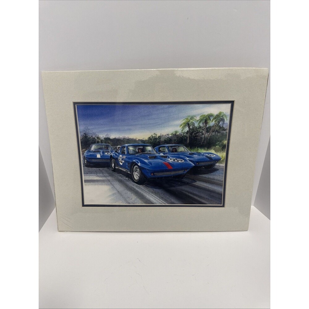 Vintage Corvette Racing Art Print Matted Sealed Blue C2 Stingray Wall Decor